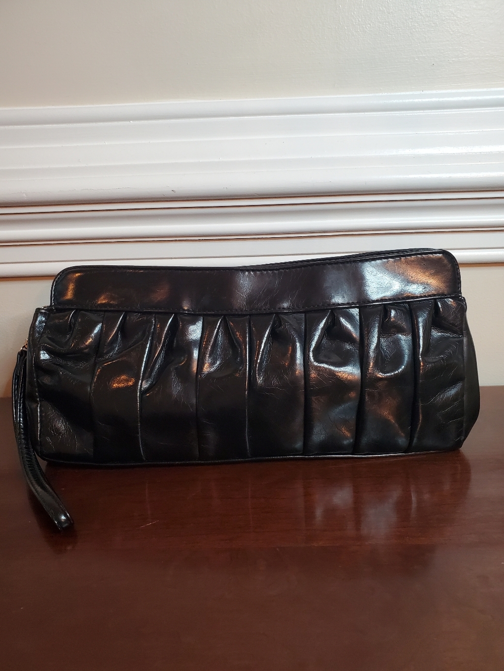 Distressed Black Pleather- Pleated Clutch with Wrist Strap